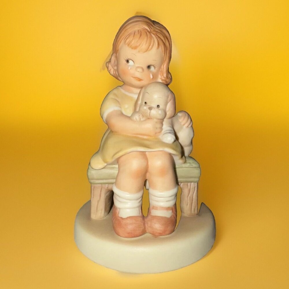 1987 ENESCO Puppy Dog Girl Crying "IT HURTS WHEN FIDO HURTS" Porcelain Figurine